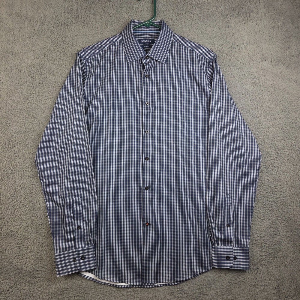 Nautica Button Up Shirt Men's Medium 34/35 15-15.5 Slim Fit Blue White Plaid